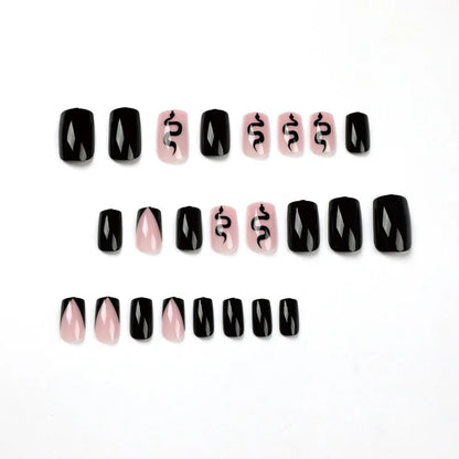 24pcs/set Black Reusable Adhesive Fake Nails Beveled French Snake Pattern Wearing Art False Nails Finished Fashion Press on Nail