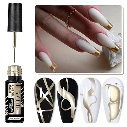 LILYCUTE 5ML Champagne Gold Reflective Glitter Liner Gel Nail Polish Bright Sparkling French Semi Permanent Nail Painting UV Gel