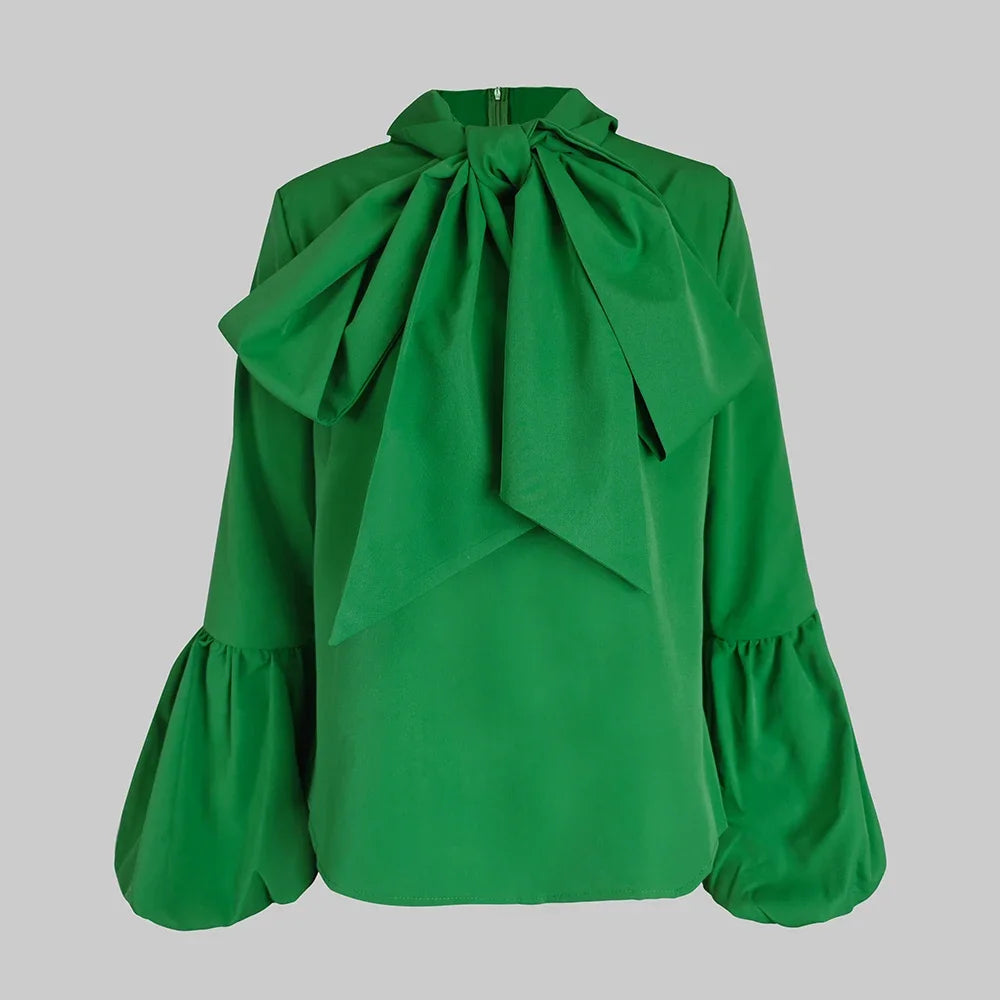 Modigirl Bowknot High Collar Shirt for Women 2024 New Lantern Sleeve Fit Solid Green Blouse Urban Women's Fashion Commuter Top
