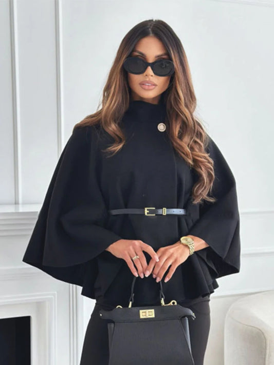 Lady Cloak Cape Woollen Tweed Poncho Thick Autumn Winter Women Single Buckle Batwing Sleeve Coat Elegant Warm Loose Outwear 2024