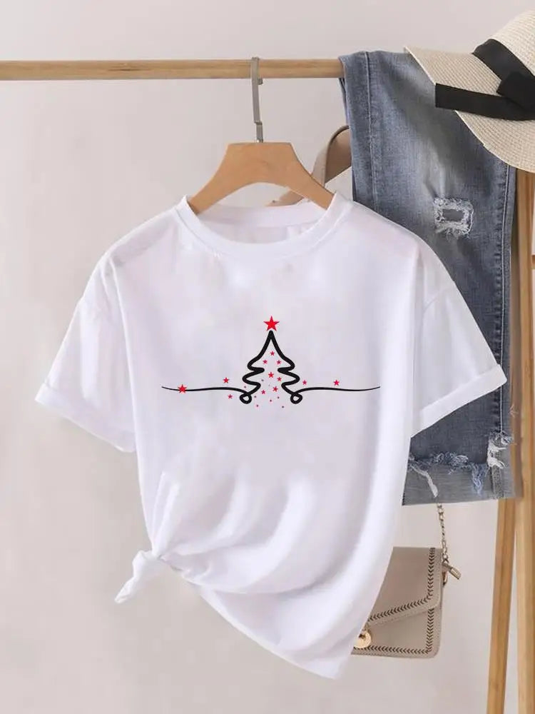 Lady New Year Short Sleeve Print Fashion Women Shirt Tee Top Paw Dog Cat Trend Cute Christmas Clothing Clothes Graphic T-shirt