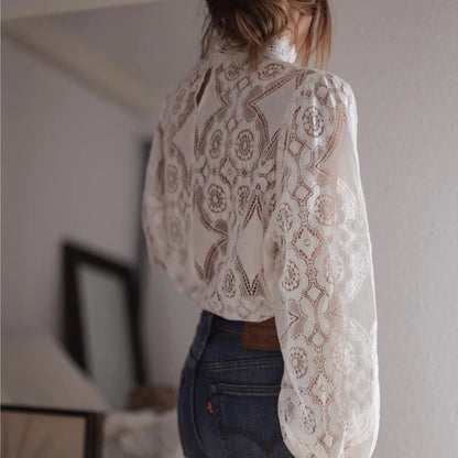 Lace Women Blouses Casual Solid Half High Collar Hollow Out White Shirt Embroidery Loose Womens Tops And Blouses Spring Tunic