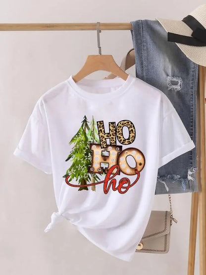 Lady New Year Short Sleeve Print Fashion Women Shirt Tee Top Paw Dog Cat Trend Cute Christmas Clothing Clothes Graphic T-shirt