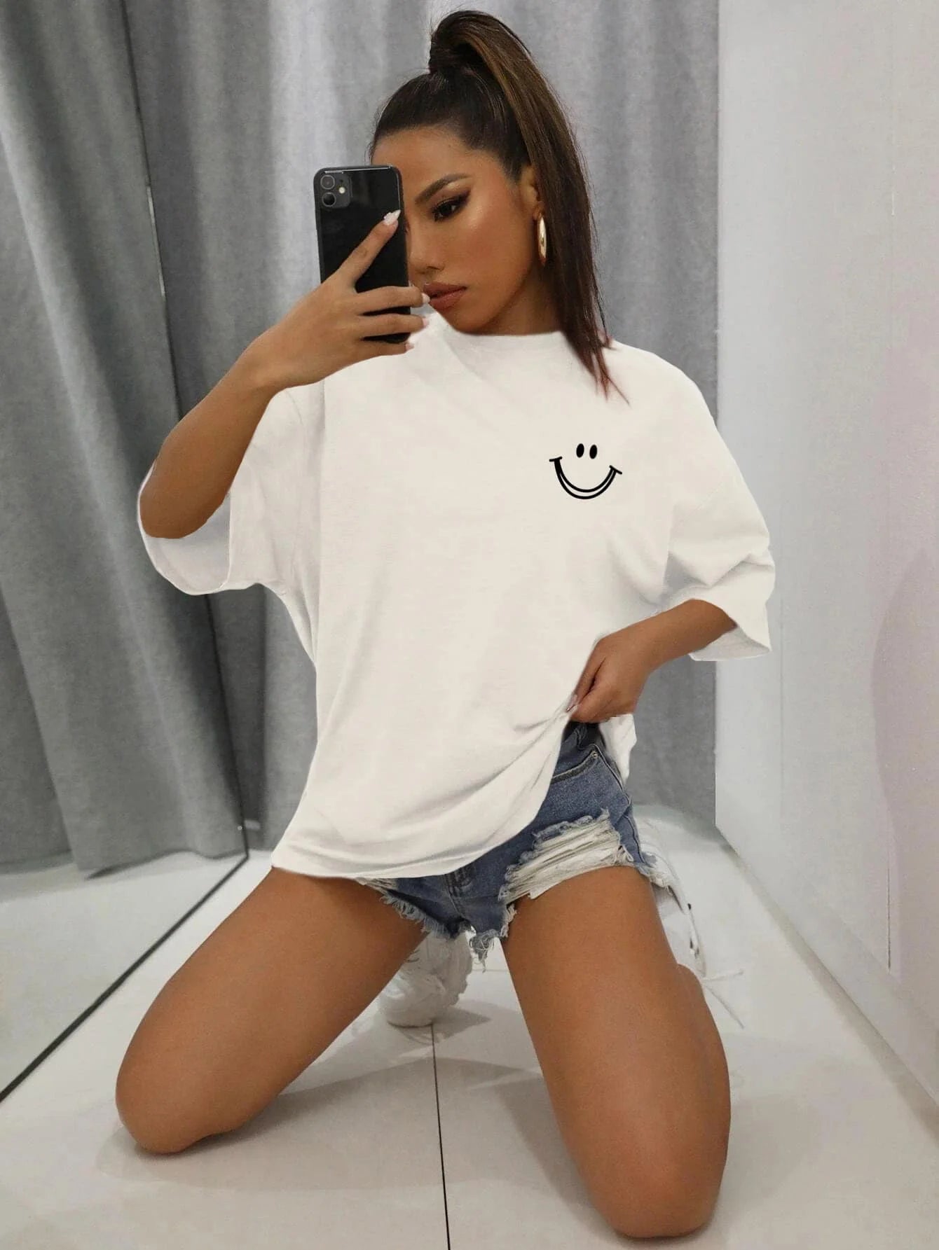 Happy Expression Printed Womens Cotton Short Sleeve Street Hip Hop Tee Clothing All-math Breathable Tops Crewneck Woman T-Shirts