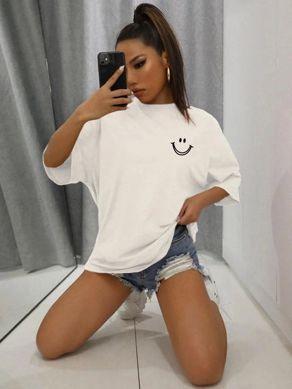 Happy Expression Printed Womens Cotton Short Sleeve Street Hip Hop Tee Clothing All-math Breathable Tops Crewneck Woman T-Shirts