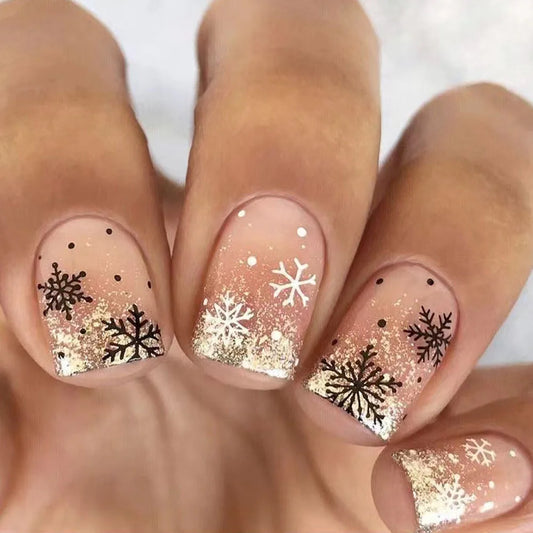 Christmas Stiletto Fake Nails for Women Girls Golden Snowflakes Designs French Press on Nails Wearable Full Cover False Nails