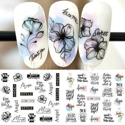 12pcs Black Leaves Letter Nail Stickers Water Transfer Decals Purple Flower Lace Sliders Decorations Manicure Charm Foils LABN