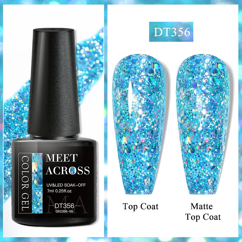 MEET ACROSS 7ml Red Gel Nail Polish Crystal Semi Permanent Soak Off UV Gel Varnish Nail Art Manicure Base Matte Top Coat Vernis