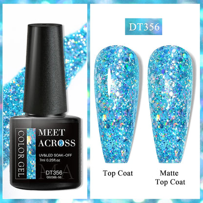 MEET ACROSS 7ml Red Gel Nail Polish Crystal Semi Permanent Soak Off UV Gel Varnish Nail Art Manicure Base Matte Top Coat Vernis