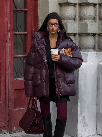 2024 Winter Burgundy Hooded Warm Cotton Coats Fashion Stand Collar Single Breasted Zipper Cotton Jacket Female Elegant Outerwear