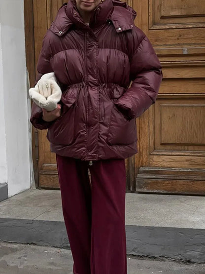 2024 Winter Burgundy Hooded Warm Cotton Coats Fashion Stand Collar Single Breasted Zipper Cotton Jacket Female Elegant Outerwear