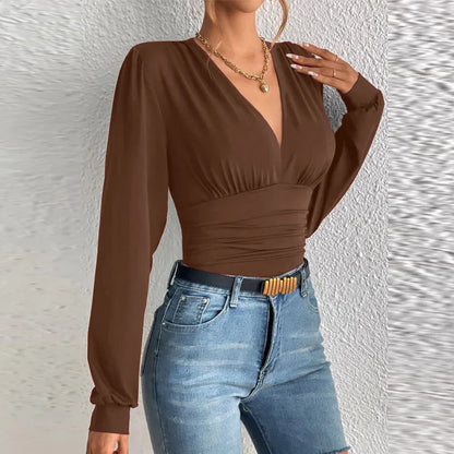 Sexy Deep V Neck Long Sleeve Solid Tops And Blouses Women's 2024 Autumn Slim Elegant Streetwear Top Femme Blouse For Women