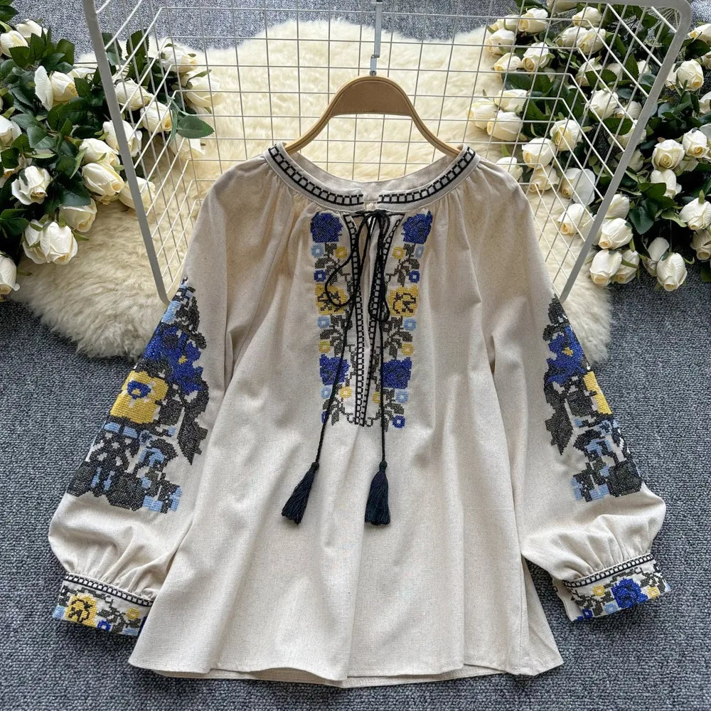Neploe Fresh O Neck Lantern Sleeve Pullover Panelled Mujer Sweet Lace Up All-match Embroidery Shirt New Heavy Tassels Blouses