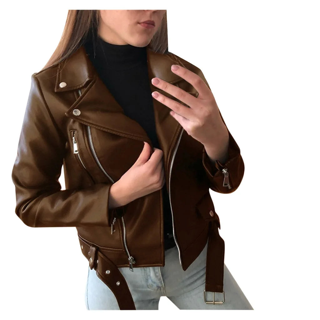 2023 New 4 Color Women Spring Autumn Black Faux Leather Jackets Zipper Basic Coat Turn-down Collar Motor Biker Jacket With Belt