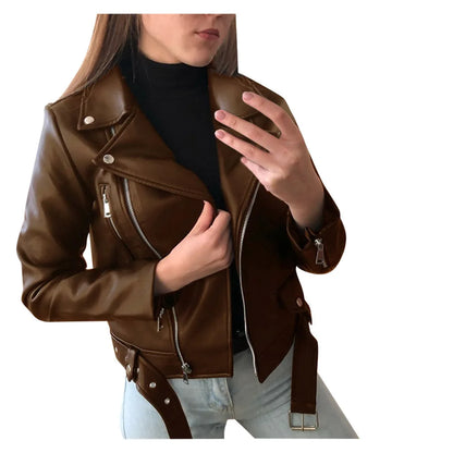 2023 New 4 Color Women Spring Autumn Black Faux Leather Jackets Zipper Basic Coat Turn-down Collar Motor Biker Jacket With Belt