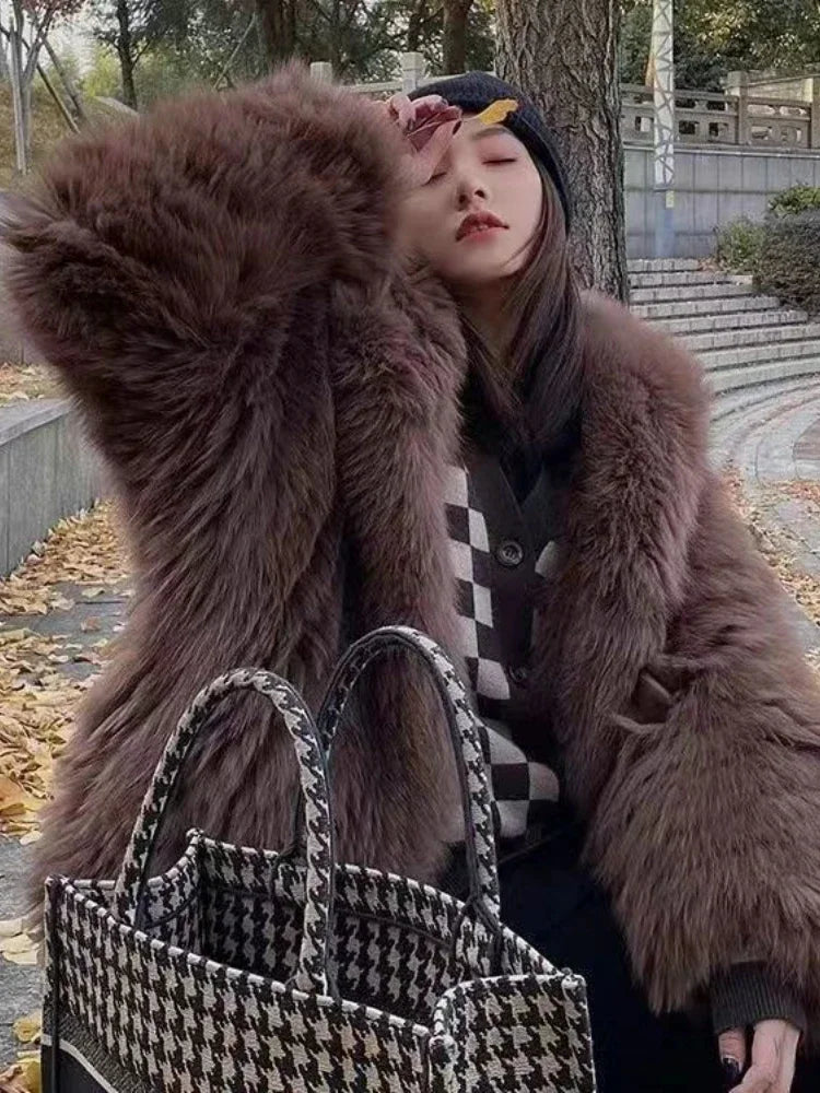 Women's Winter Jacket，Imitation Fox Fur Coat，new in Outerwears，Hooded Fur Jacket，faux Fur Coat Women，winter Coats Woman 2024
