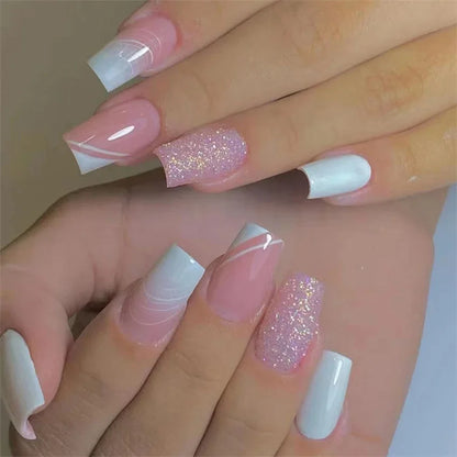 24Pcs Medium Long Acrylic Fake Nails Art Cool Spice Girls Wearing False Nails Set Press on Nail Tips Removable French Nails Fake