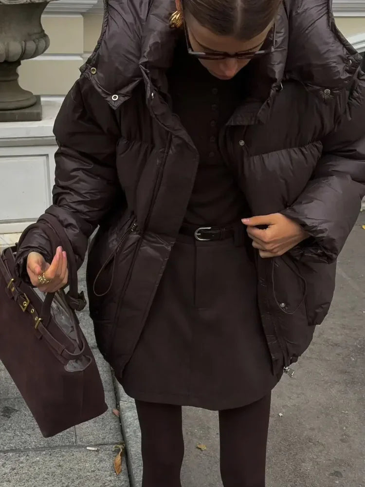 2024 Winter Solid Drawstring Quilted Cotton Coat Fashion Stand Collar Hooded Warm Jacket Lady New Thicken Casual Streetwear