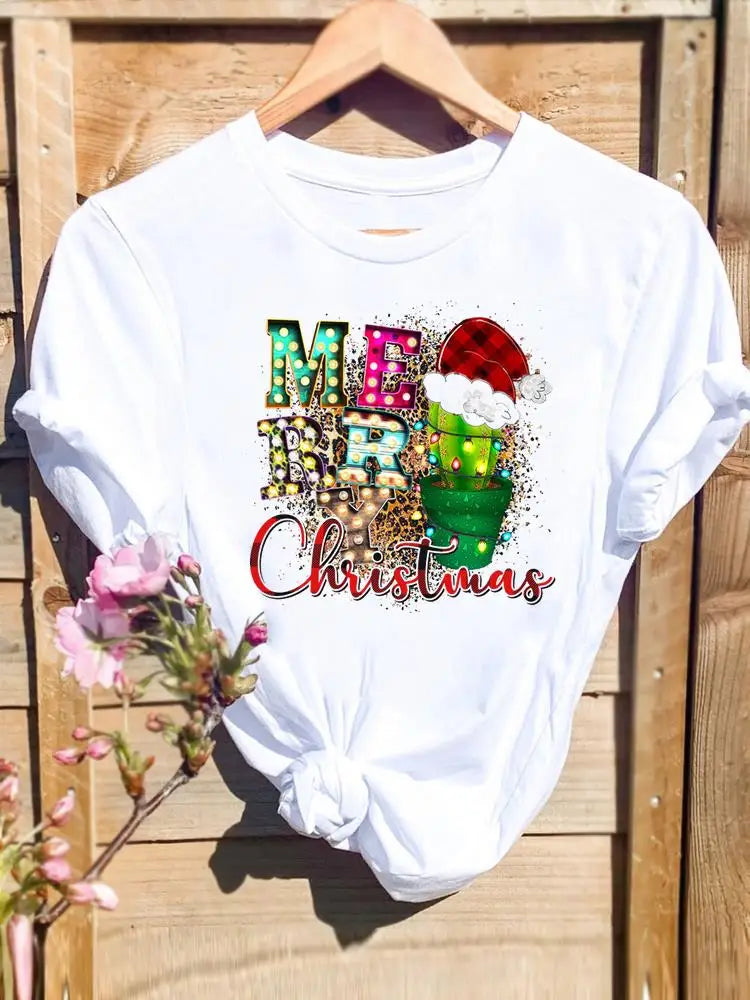 Merry Christmas New Year Holiday Graphic T Tee Fashion Cat Tree Lovely 90s Cute 2025 Print T Top Women Shirt Clothing T-shirts