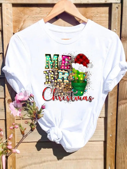 Merry Christmas New Year Holiday Graphic T Tee Fashion Cat Tree Lovely 90s Cute 2025 Print T Top Women Shirt Clothing T-shirts