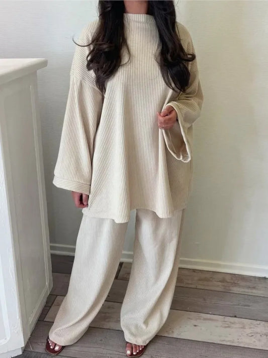 Autumn Winter Solid Color Corduroy Pants Sets Women Loose Long Sleeve Wide Legs Trousers Two Piece Set Female Commuting Clothing