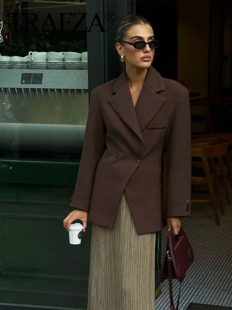 TRAFZA Women Elegant Solid Lapel Two Buttons Suit Jacket Fashion Long Sleeve Slim Short Coats 2024 New Casual Office Lady Blazer