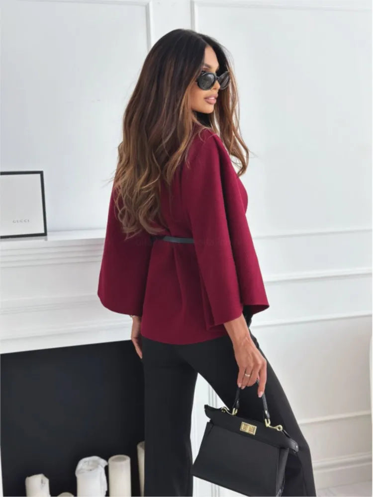 Fashion Woolen Cape Jacket Women Casual Solid Color Loose Batwing Long Sleeves Belt Coat Female Temperament Autumn Winter New