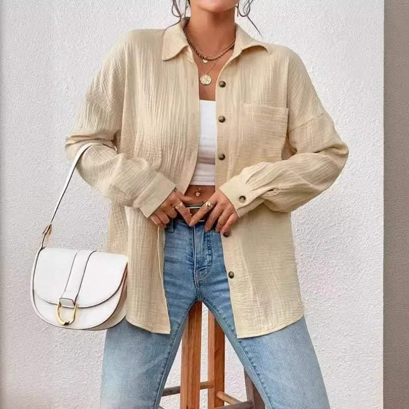 100% Cotton Gauze Muslin Women Shirts Casual Turn Down Collar Long Sleeve Top Office Lady Elegant Blouses for Women Blusas