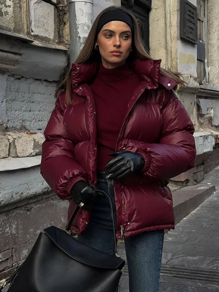 Women Fashion Burgundy Red Hooded Padded Jacket Winter Warm Stand Collar Zipper Breasted Parka 2024 New Lady High Streetwear