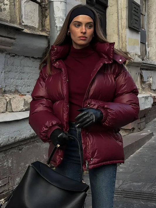 Women Fashion Burgundy Red Hooded Padded Jacket Winter Warm Stand Collar Zipper Breasted Parka 2024 New Lady High Streetwear