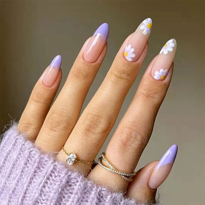 24pcs/Box Ballerina Nail Tip Purple with Design Manicure Patches Fresh Floral Almond False Nails Press on Med Nails Detachable