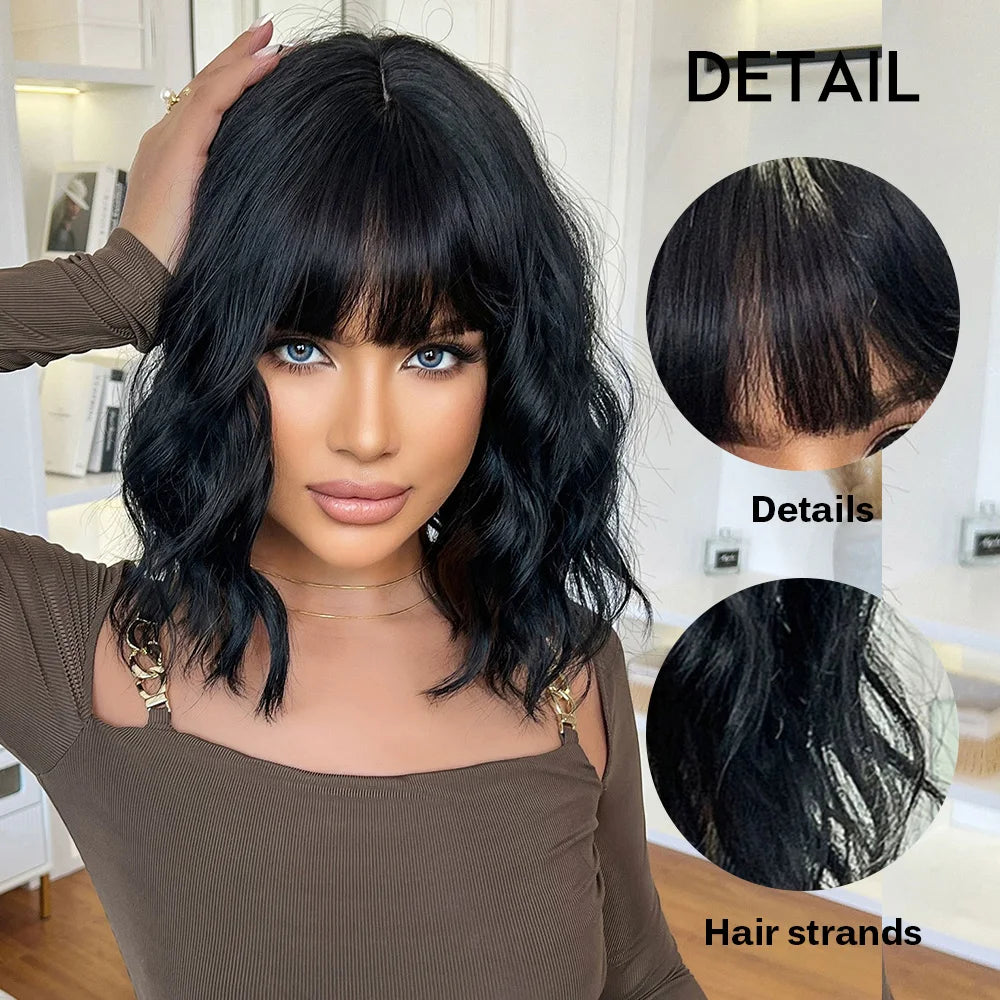 oneNonly Black Wig with Bangs Natural Wigs for Women Short Wavy Synthetic Wig Daily Party Heat Resistant Hair
