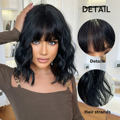 oneNonly Black Wig with Bangs Natural Wigs for Women Short Wavy Synthetic Wig Daily Party Heat Resistant Hair
