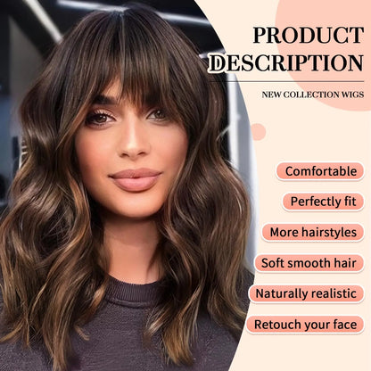 Short Brown Highlight Wigs With Bangs Natural Wavy Hair Wigs For White Women Heat Resistant Synthetic Bob Wig Shoulder Length
