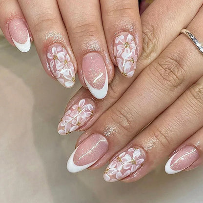 24Pcs Mid-length False Nails with Almond Head Design Brown Gold Lines Fake Nails Oval Wearable French Press on Nail Tips