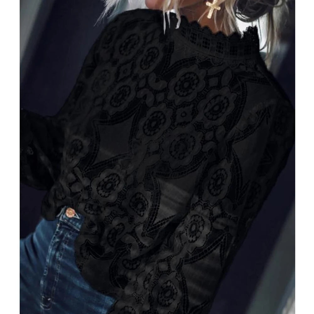 Lace Women Blouses Casual Solid Half High Collar Hollow Out White Shirt Embroidery Loose Womens Tops And Blouses Spring Tunic