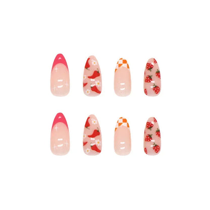 24Pcs Almond False Nails With Tools Cute Heart Strawberry Chili Design French Checkerboard ABS Press On Nails Fake Tips Wearable