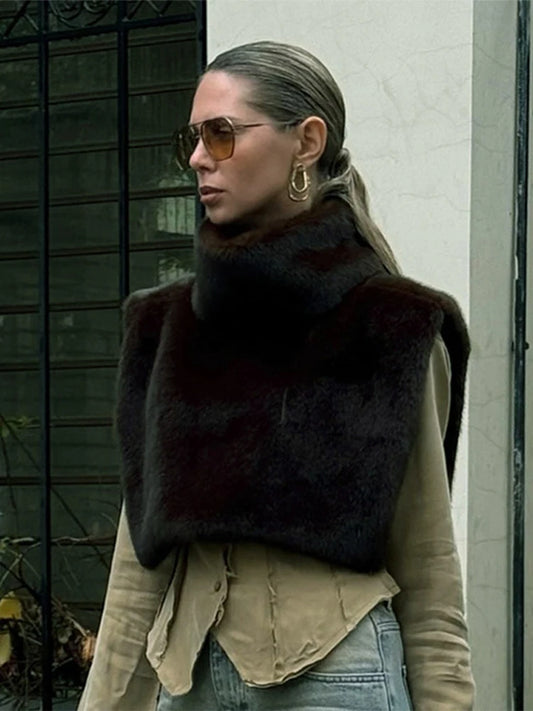 Street Faux Fur Shawl Women Fashion Turtleneck Sleeveless Crop Female Coat 2024 Autumn Winter Casual Loose Irregular Lady Coats