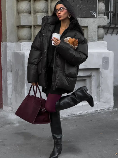 Casual Burgundy Lace Up Down Jacket Women Chic Lapel Button Pocket Thick Cotton Coat 2024 Autumn Winter Lady Highstreet Outwear