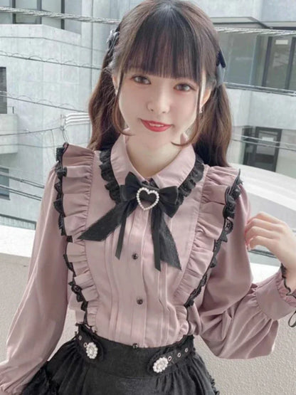 Japanese Kawaii Lace Ruffle Shirt Women Y2k Pink Bow Blouse Harajuku Cute Ladies Tops 2025 New Fashion Lolita Blusas Femme
