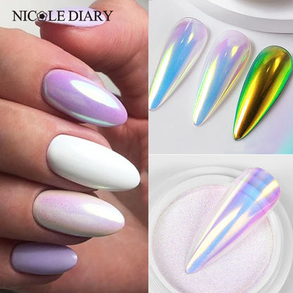 NICOLE DIARY Aurora Nail Powder Chrome Pigment Pearl Metallic Rubbing Dust Chameleon Effect Nail Art Glitter Manicure Decoration