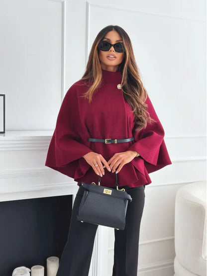 Autumn Winter Women Single Buckle Batwing Sleeve Coat Elegant Lady Cloak Cape Woollen Tweed Poncho Thick Warm Loose Outwear