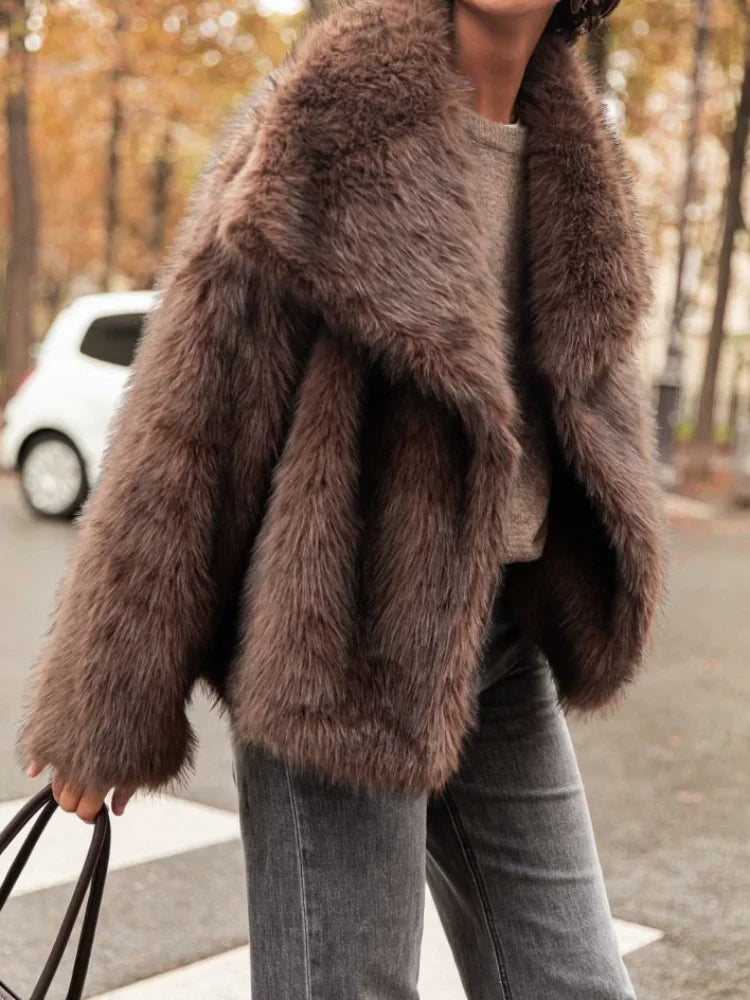 Brown Big Lapel Faux Fur Fury Women's Coats Fluffy Long Sleeved Thick Warm Fury Jackets 2024 Winter Lady Casual Street Outwear