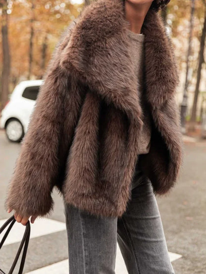 Brown Big Lapel Faux Fur Fury Women's Coats Fluffy Long Sleeved Thick Warm Fury Jackets 2024 Winter Lady Casual Street Outwear