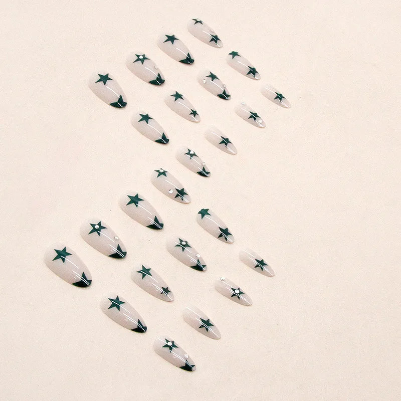 24Pcs Cool y2k False Nails Green Star Printed Design Almond Fake Nail Patch for Girl Wearable Ins Artificial nails Free Shipping