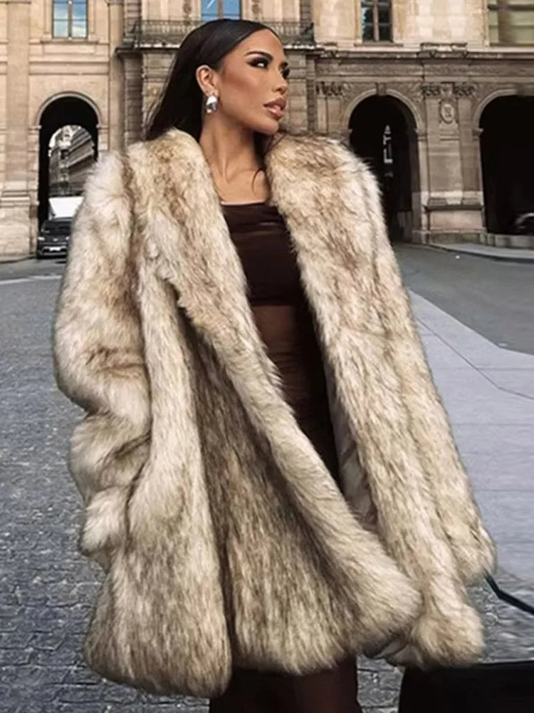 Luxury Fluffy Faux Fur Long Coat Women Lapel Long Sleeve Loose Thicken Warm Overcoat 2024 Autumn Winter Lady Fashion Streetwear