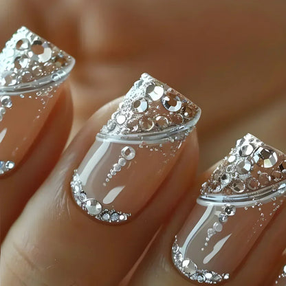 24Pcs Short Square Press on Nails Gradient Glitter False Nails French Tip Lines Acrylic Nails Full Cover Wearable Fake Nail Tips