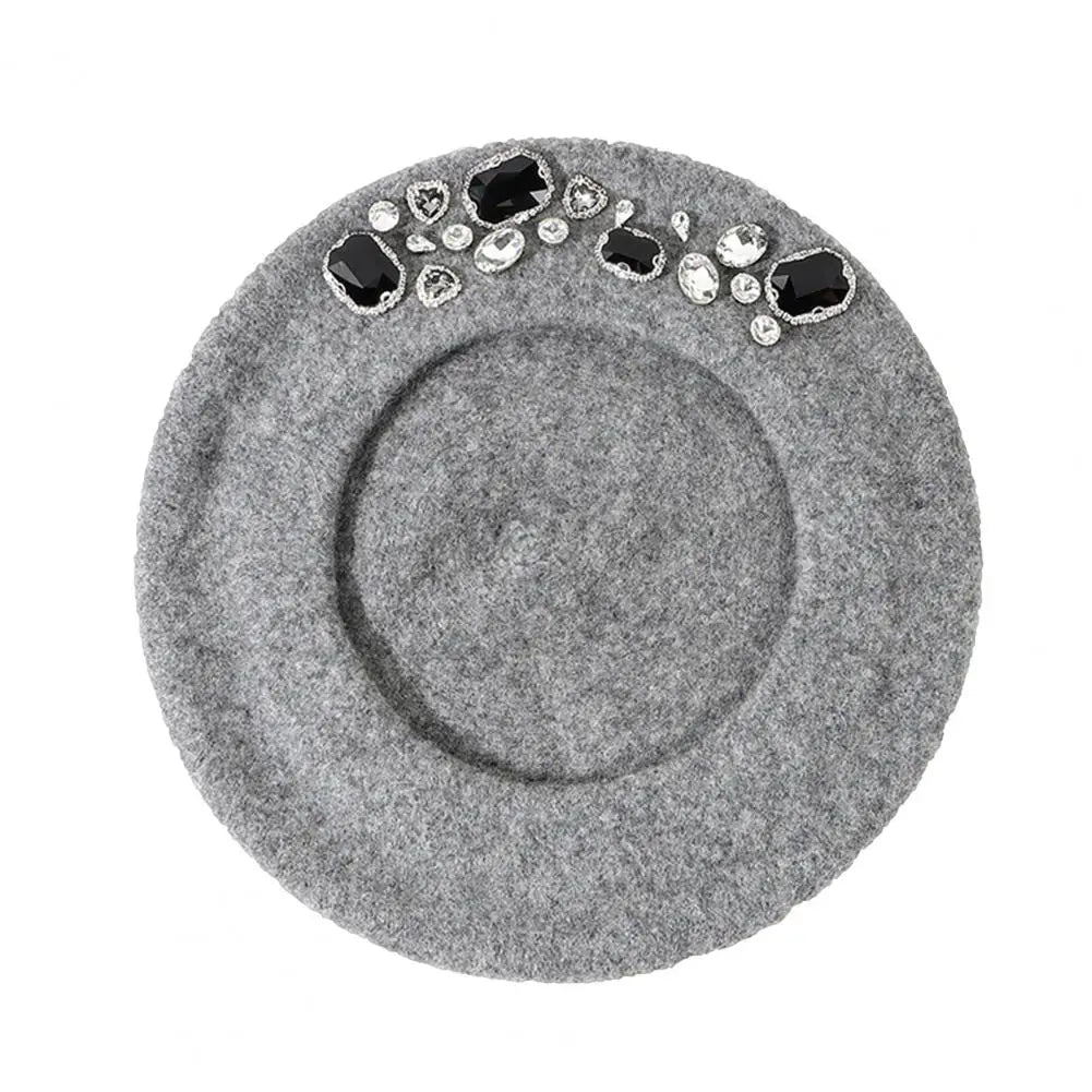 Dropshipping!! French Beret Thick Rhinestone Decor Brimless Thermal Decor Wool Artist French Style Painter Hat Women Headwear