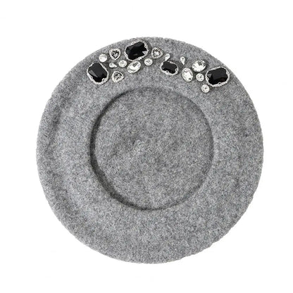 Dropshipping!! French Beret Thick Rhinestone Decor Brimless Thermal Decor Wool Artist French Style Painter Hat Women Headwear