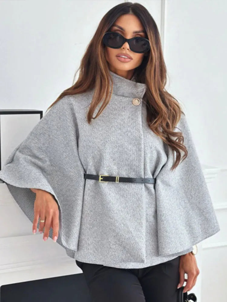 Lady Cloak Cape Woollen Tweed Poncho Thick Autumn Winter Women Single Buckle Batwing Sleeve Coat Elegant Warm Loose Outwear 2024